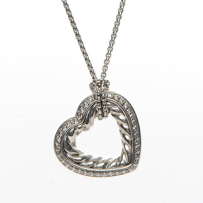 David Yurman Sterling Silver Diamond Open Heart Cable Necklace 4 of 5