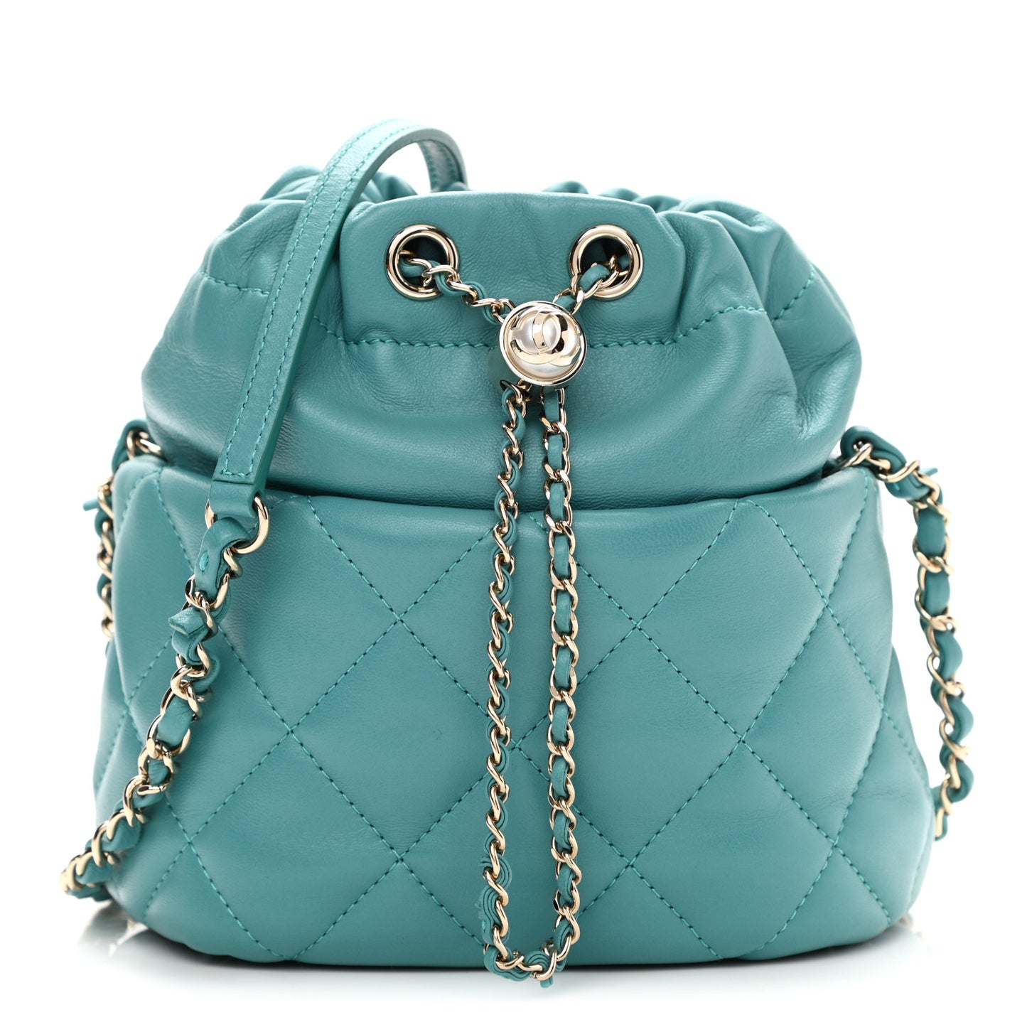 Lambskin Quilted Mini Pearl CC Drawstring Bucket Bag Blue