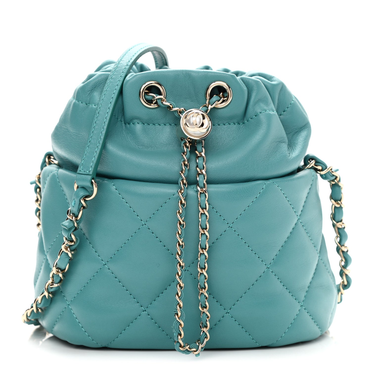 Chanel Lambskin Quilted Mini Pearl CC Drawstring Bucket Bag Blue 1 of 10