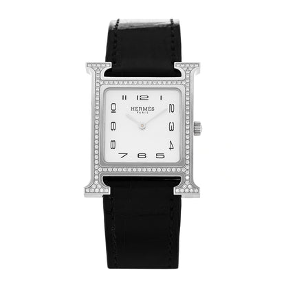Hermes Stainless Steel Alligator Diamond Bezel Mother of Pearl 26mm Heure H Hour Quartz Watch Noir 1 of 5