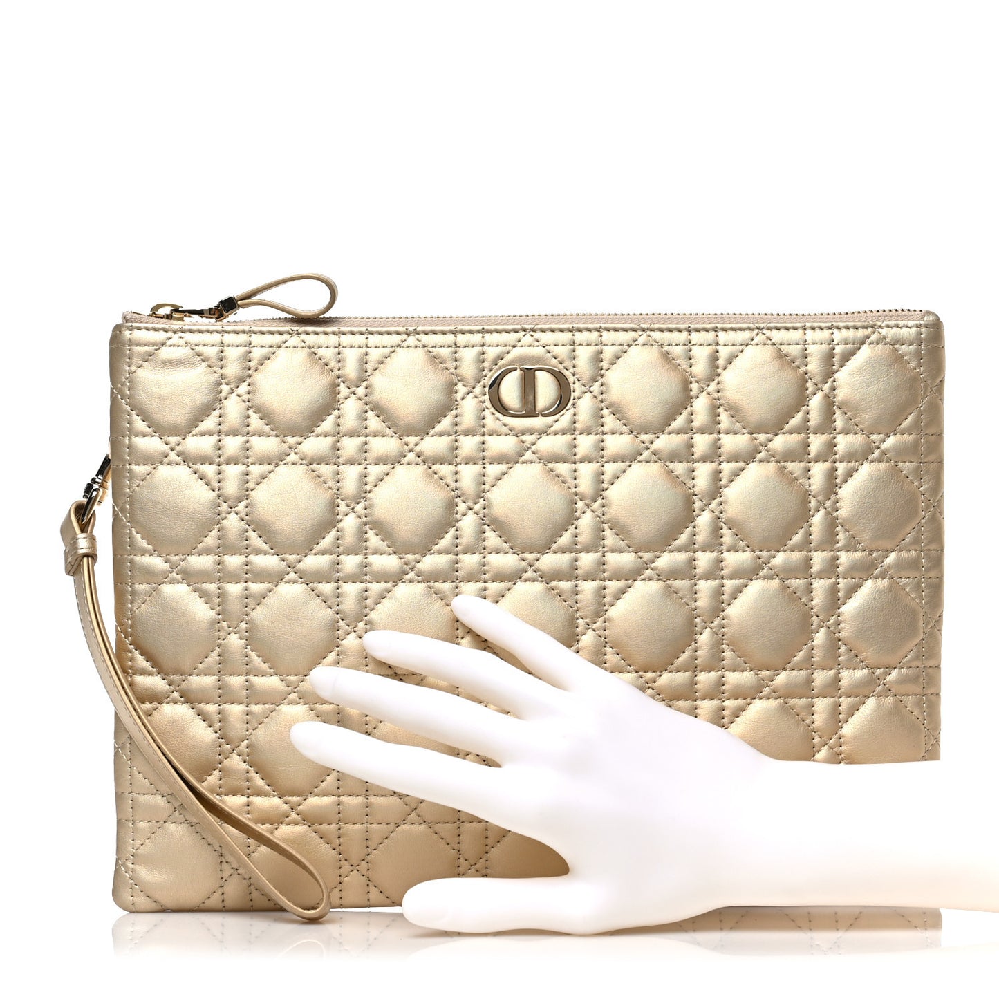 Metallic Lambskin Cannage Large Caro Daily Pouch Gold