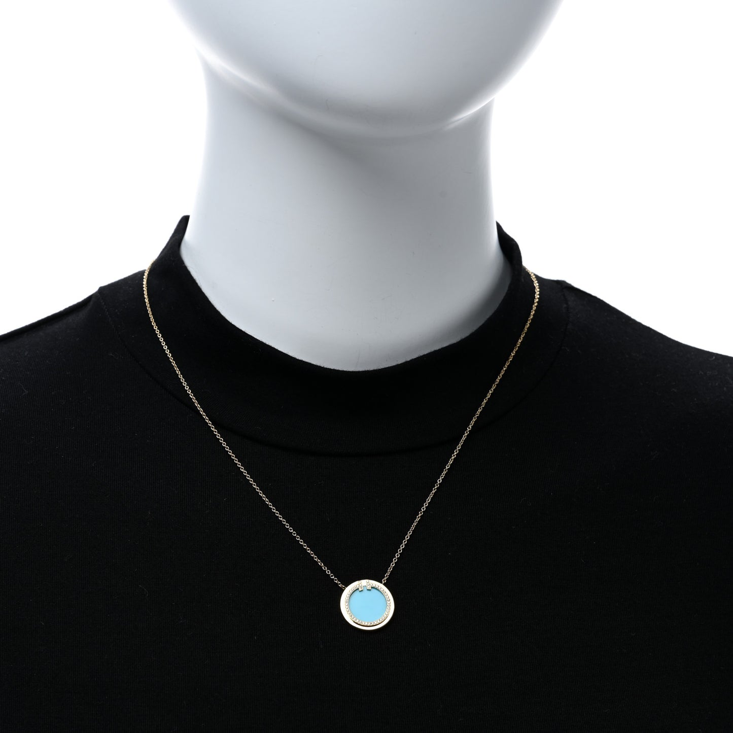 18K Yellow Gold Diamond Turquoise T Circle Pendant Necklace