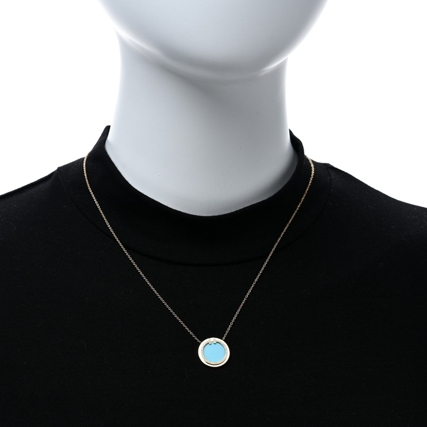 Tiffany 18K Yellow Gold Diamond Turquoise T Circle Pendant Necklace 3 of 5