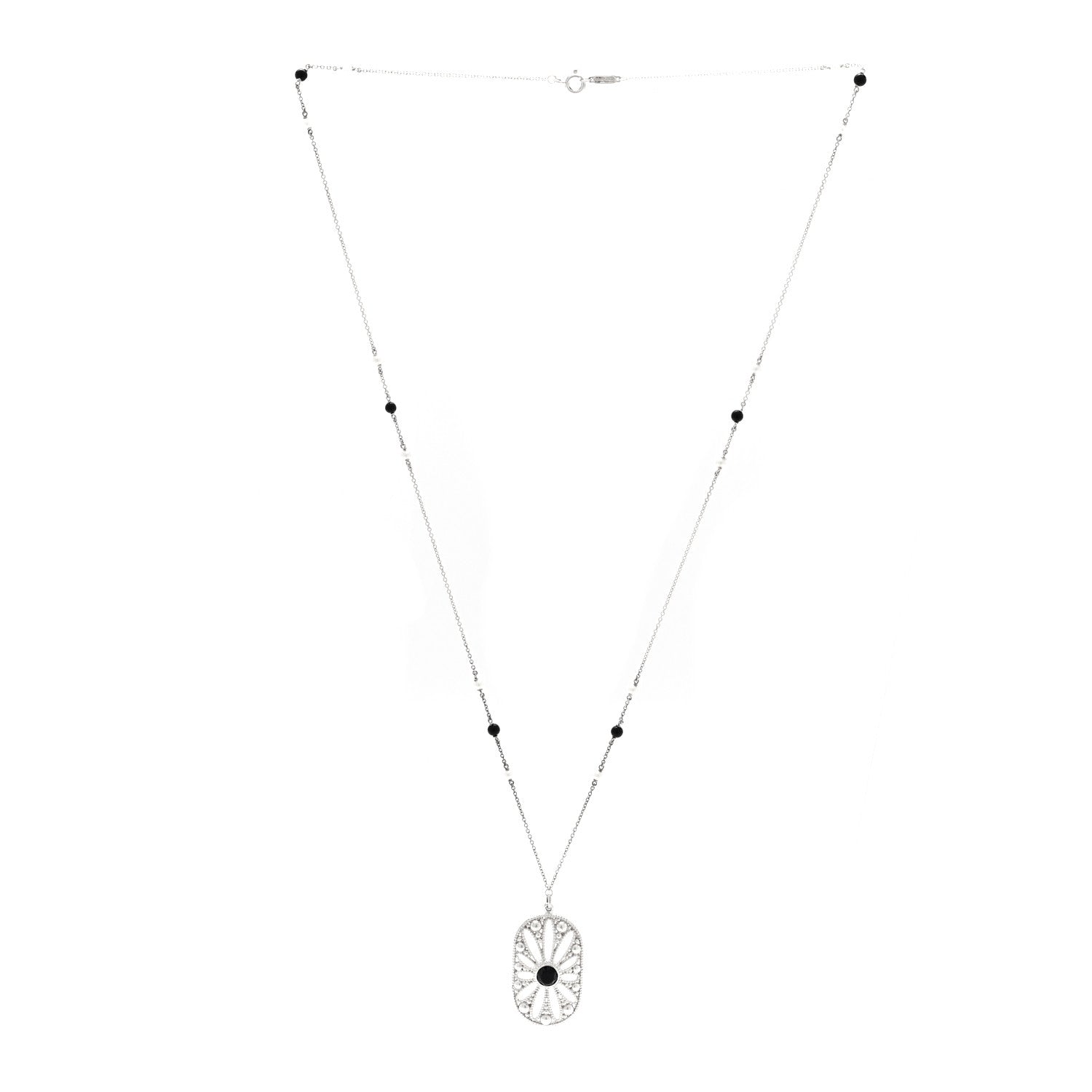 Tiffany Sterling Silver Black Onyx Cultured Pearl Ziegfeld Daisy Pendant Necklace 3 of 5