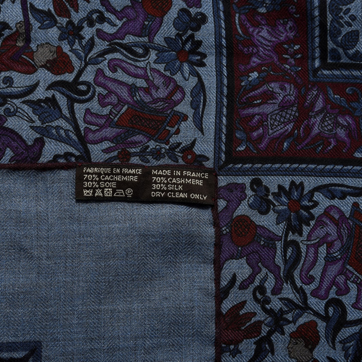 Cashmere Silk Chasse En Inde Shawl 140 Bleu Chine Violet Blue Jean