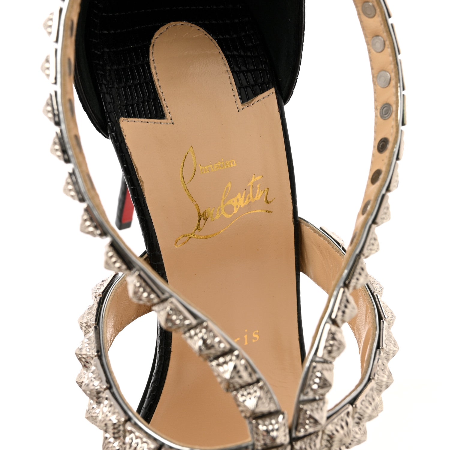 Christian Louboutin Calfskin Lizard Embossed Diwali 100 Studded Sandals 39 Black Silver 8 of 12