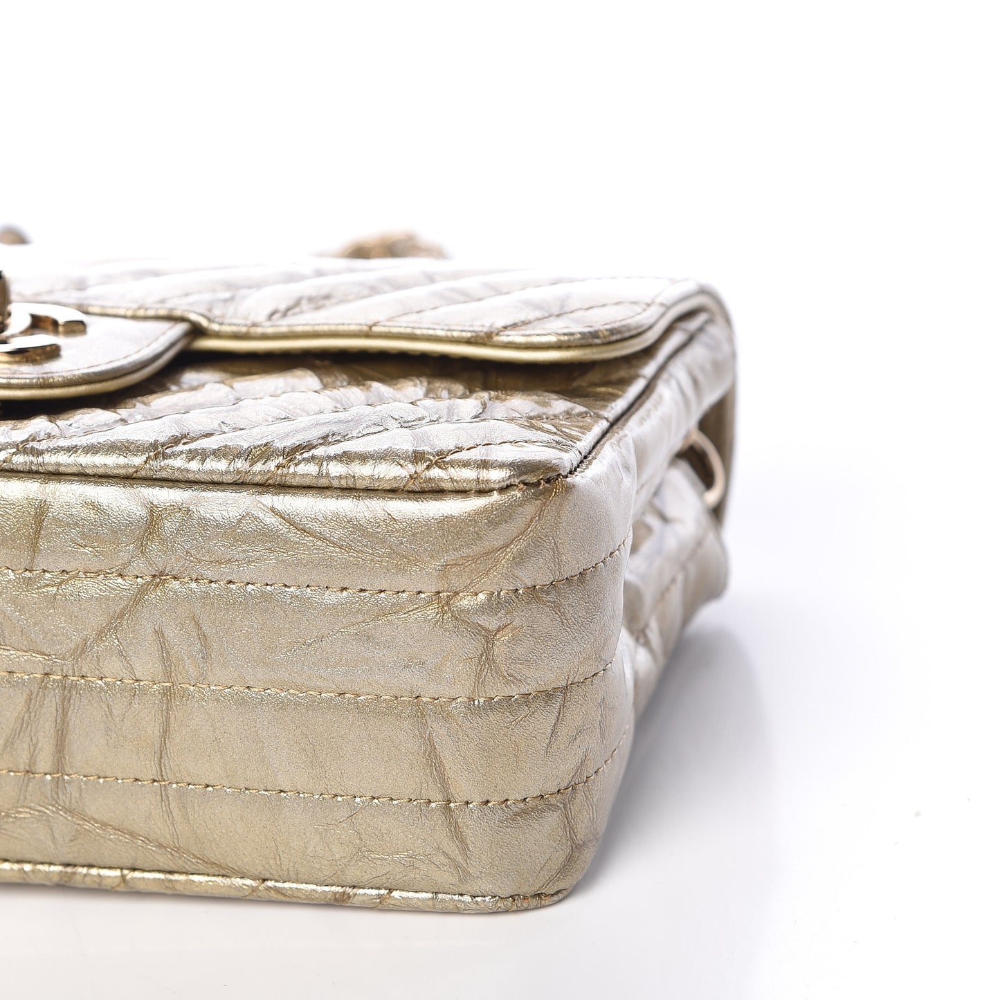 Patent Metallic Crumpled Calfskin Chevron Quilted Mini Rectangular Flap Gold