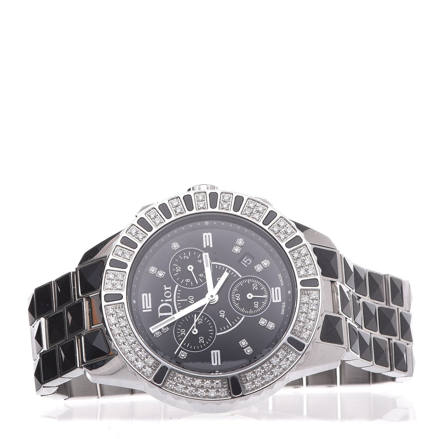 Stainless Steel Diamond Pave Bezel Sapphire 38mm Christal Chronograph Quartz Watch Black
