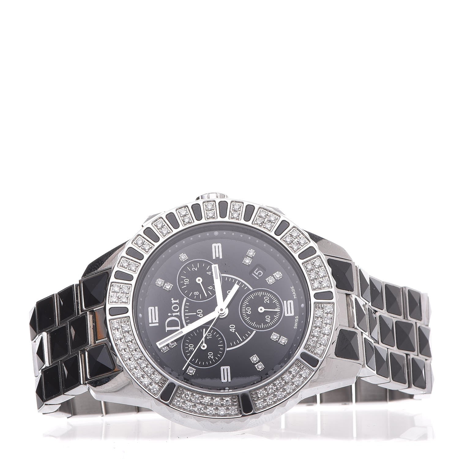 Christian Dior Stainless Steel Diamond Pave Bezel Sapphire 38mm Christal Chronograph Quartz Watch Black 3 of 9