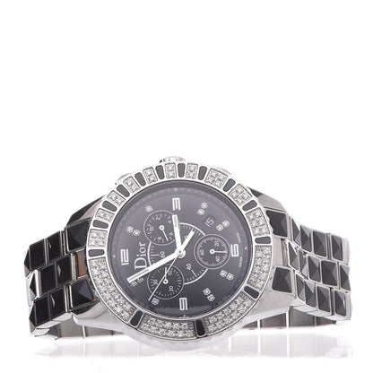 Christian Dior Stainless Steel Diamond Pave Bezel Sapphire 38mm Christal Chronograph Quartz Watch Black 3 of 9