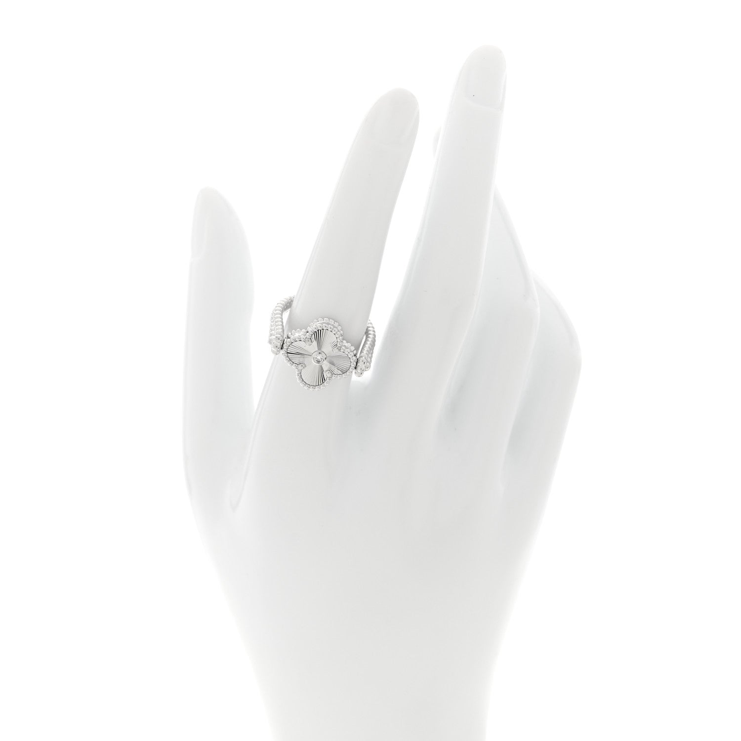Van Cleef & Arpels 18K White Gold Diamond Chalcedony Reversible Guilloche Vintage Alhambra Ring 53 6.5 2 of 6