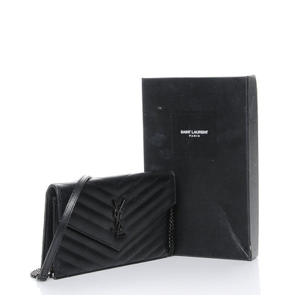 Saint Laurent Grain De Poudre Matelasse Chevron Monogram Envelope Chain Wallet Black 9 of 9
