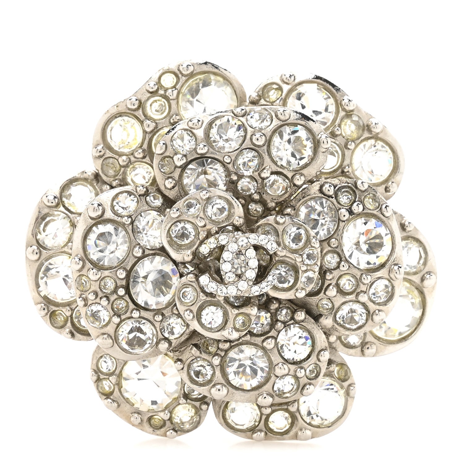 Chanel Swarovski Crystal Camellia CC Brooch Silver 1 of 4