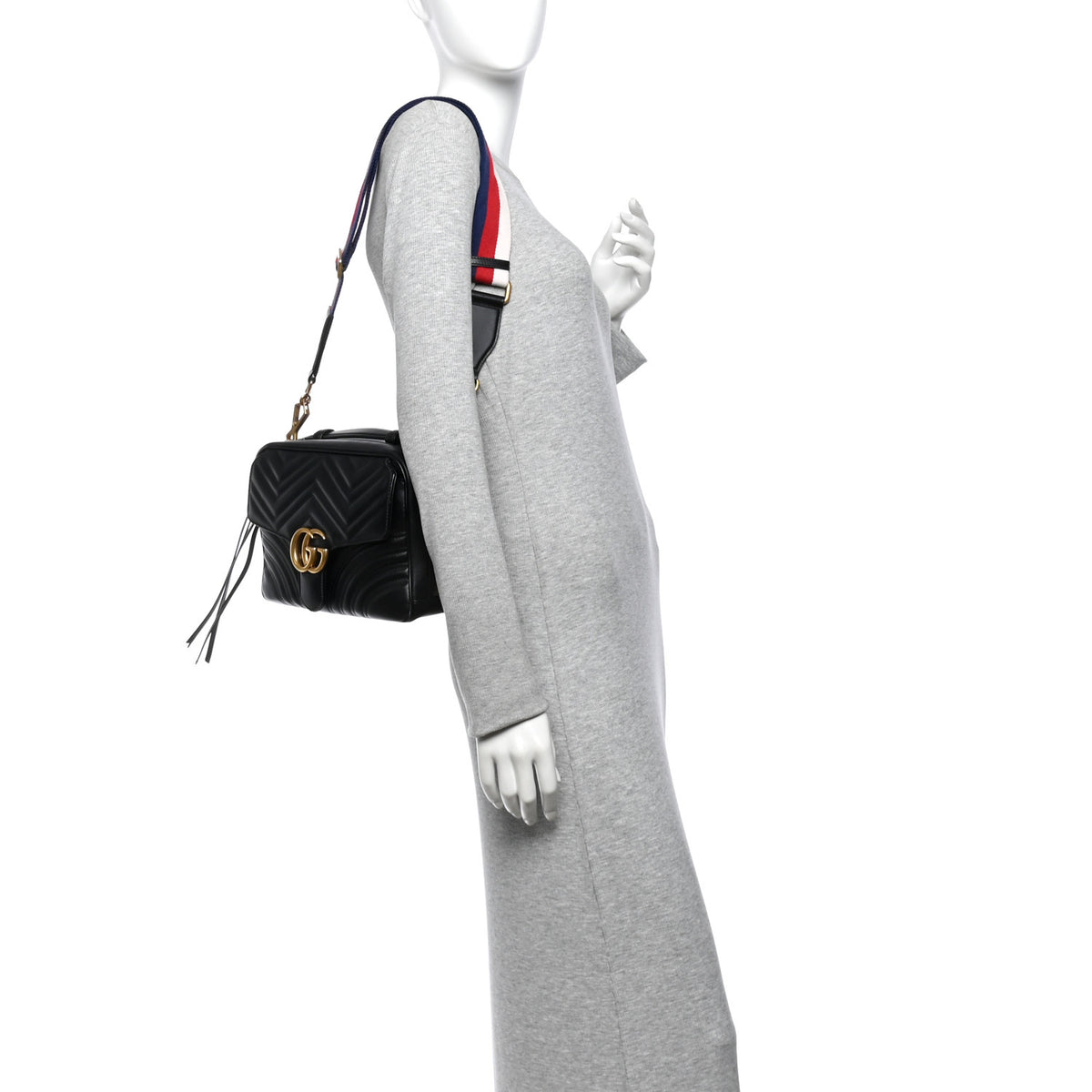 Gucci Calfskin Matelasse Sylvie Web Small GG Marmont Top Handle Shoulder Bag Black 2 of 10