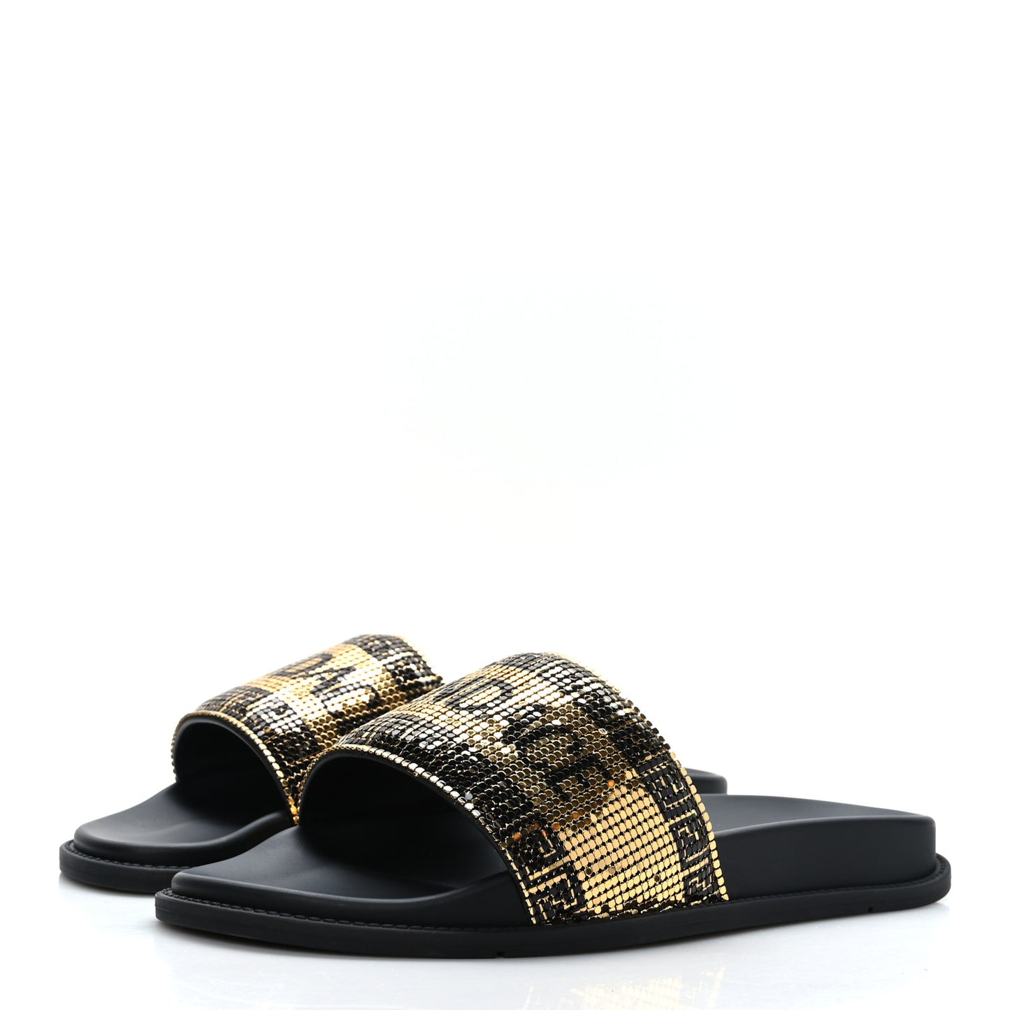 X FENDI Metal Chainmail Mesh Pool Slides 42 Gold Black