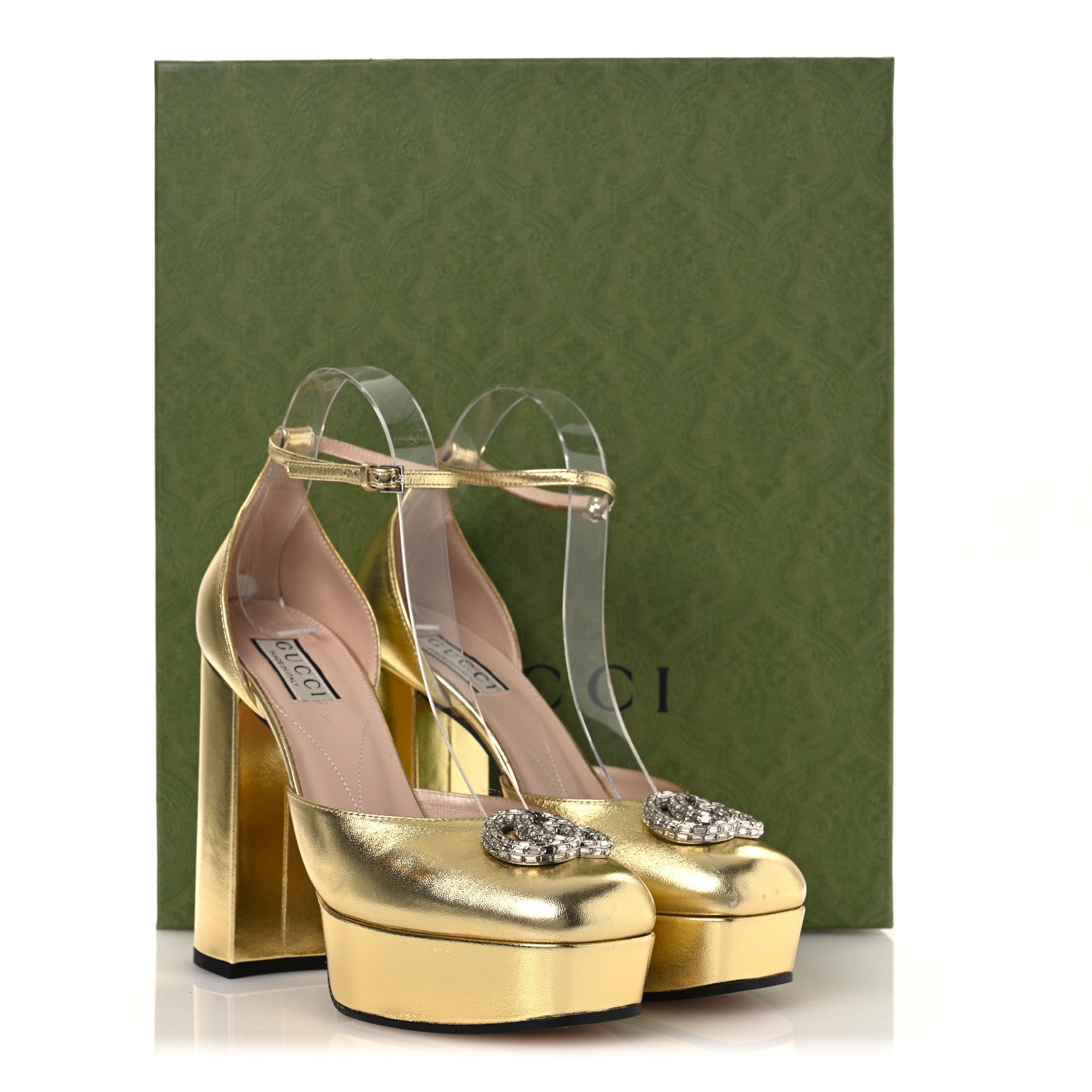Gucci Metallic Nappa Crystal Double G Platform Pumps 38 Platino