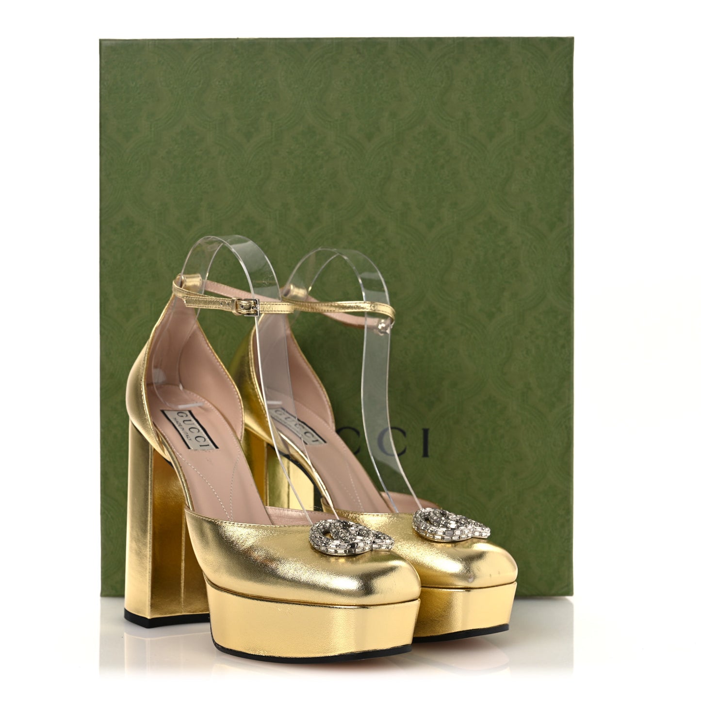Metallic Nappa Crystal Double G Platform Pumps 38 Platino