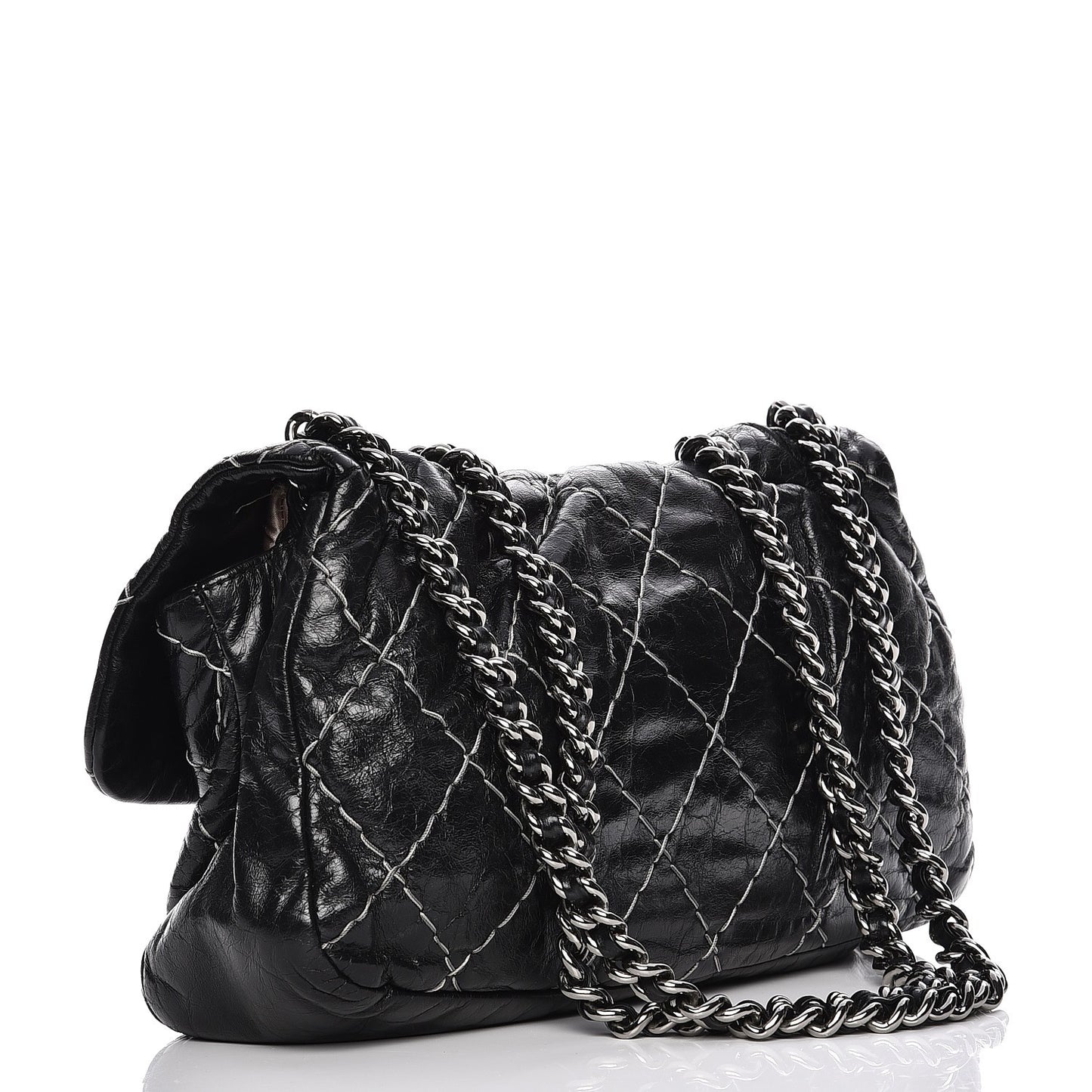 Glazed Goatskin Double Stitch Flap Black