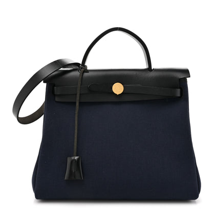 Hermes Military Toile Vache Hunter Herbag Zip Retourne 31 PM Bleu Marine Black 1 of 18