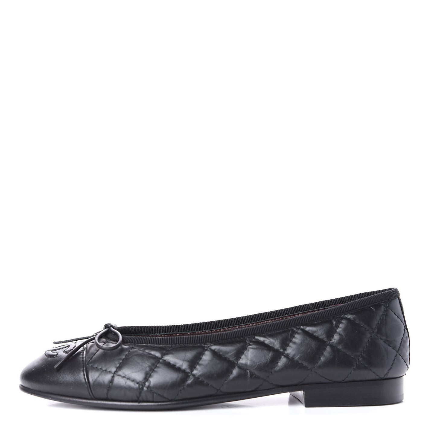 Aged Calfskin Quilted Cap Toe Ballerina Flats 35.5 Black