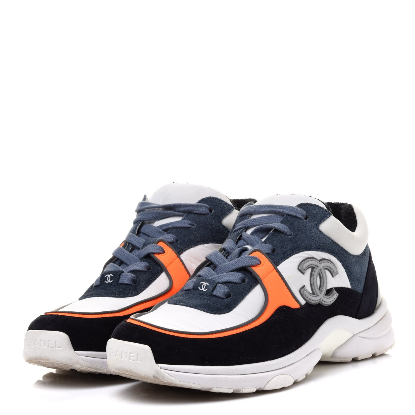 Nylon Calfskin Suede CC Womens Sneakers 36.5 Navy White Orange Black