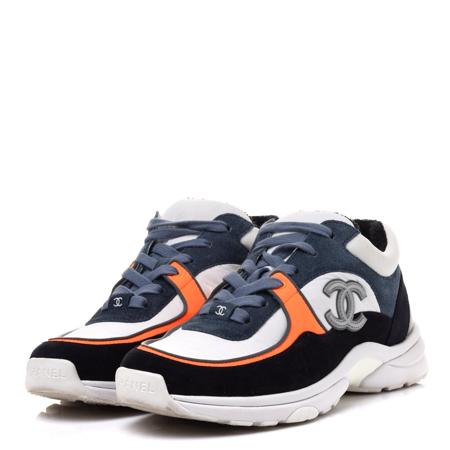 Chanel Nylon Calfskin Suede CC Womens Sneakers 36.5 Navy White Orange Black 3 of 9