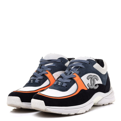 Chanel Nylon Calfskin Suede CC Womens Sneakers 36.5 Navy White Orange Black 3 of 9