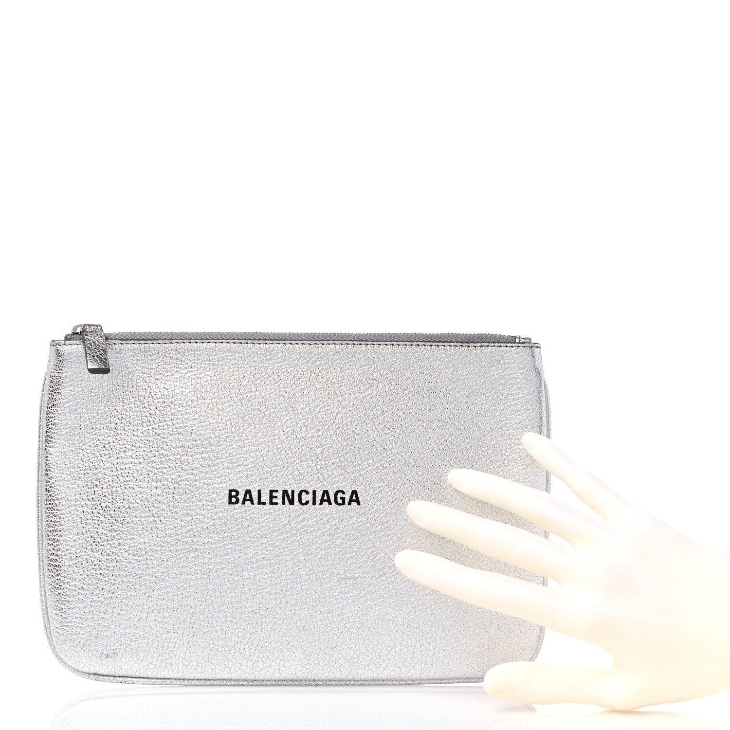 Balenciaga Metallic Goatskin Logo Large Everyday Zip Pouch Argent Black 2 of 10