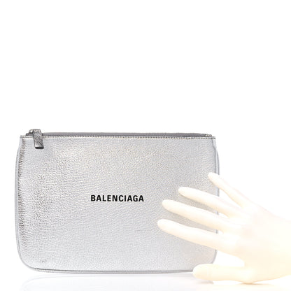 Balenciaga Metallic Goatskin Logo Large Everyday Zip Pouch Argent Black 2 of 10
