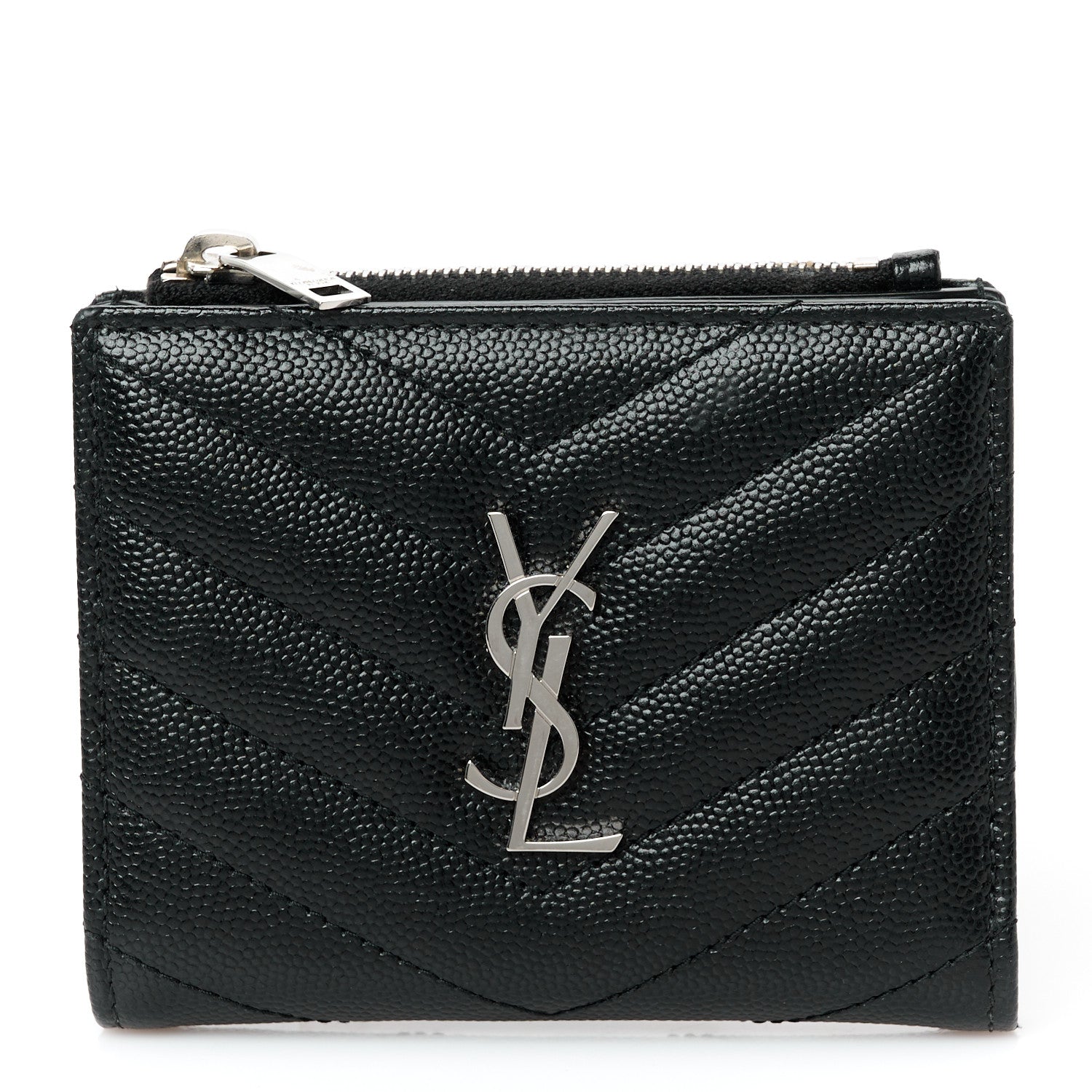Saint Laurent Grain De Poudre Matelasse Chevron Monogram Zipped Card Case Black 1 of 10