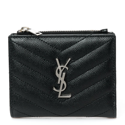 Saint Laurent Grain De Poudre Matelasse Chevron Monogram Zipped Card Case Black 1 of 10