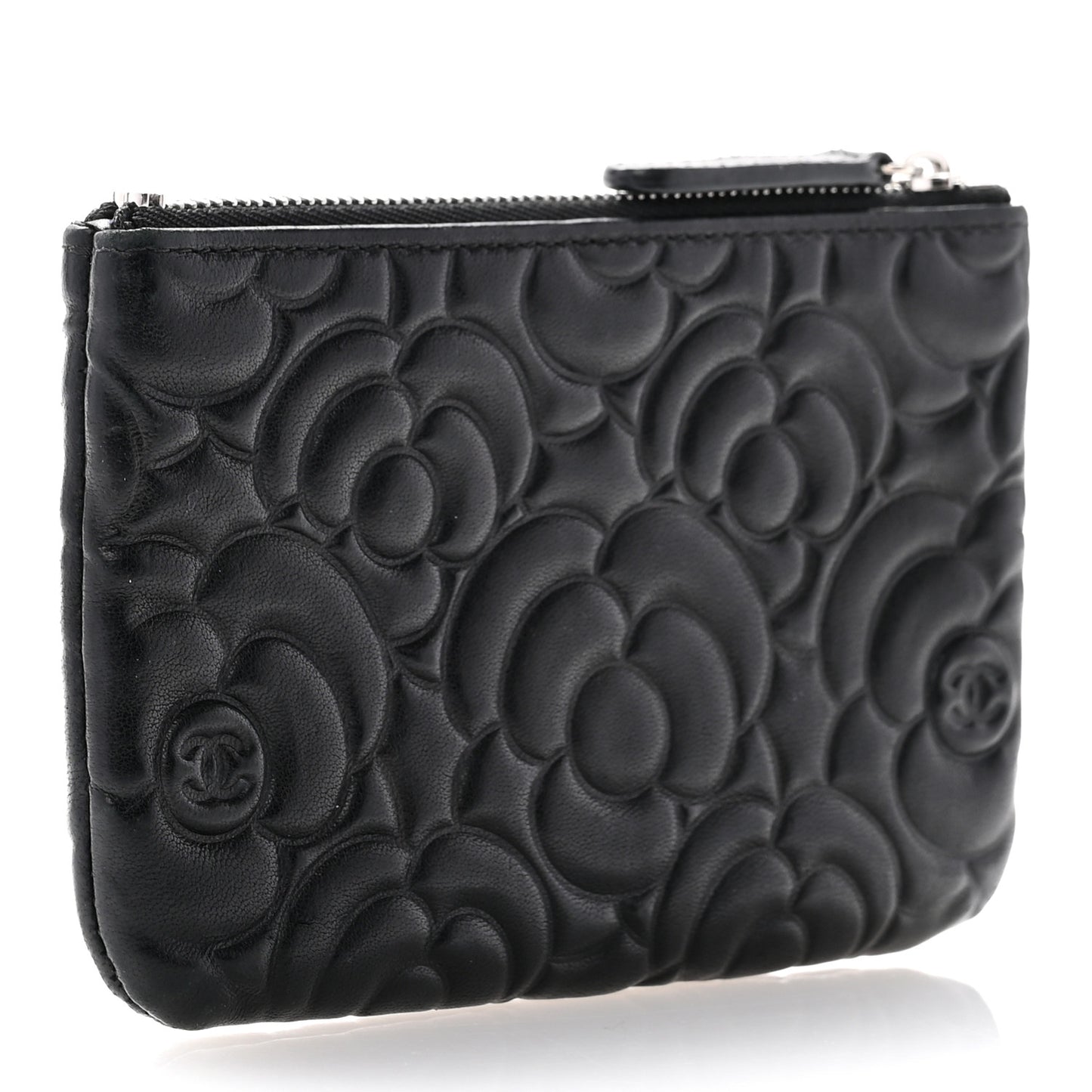 Goatskin Camellia Embossed Cosmetic Pouch Black