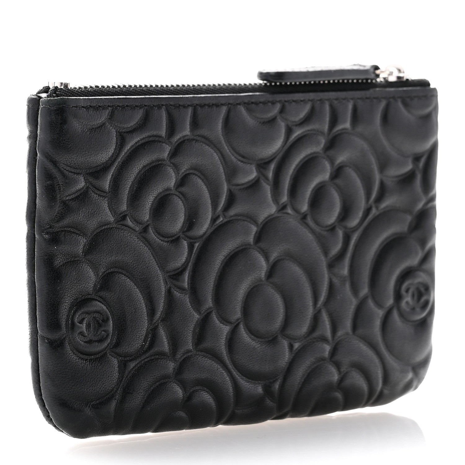 Chanel Goatskin Camellia Embossed Cosmetic Pouch Black 3 of 8
