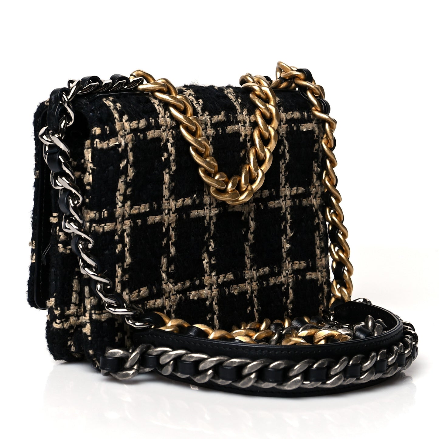 Tweed Quilted Chanel 19 Wallet On Chain WOC Black Beige