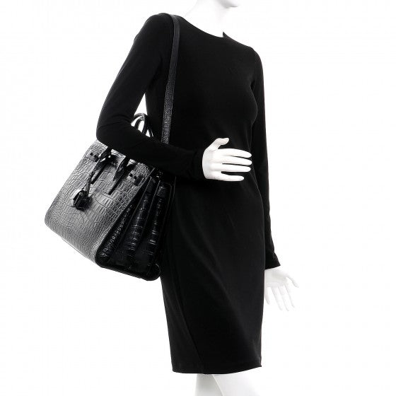 Calfskin Crocodile Embossed Medium Supple Sac de Jour Black