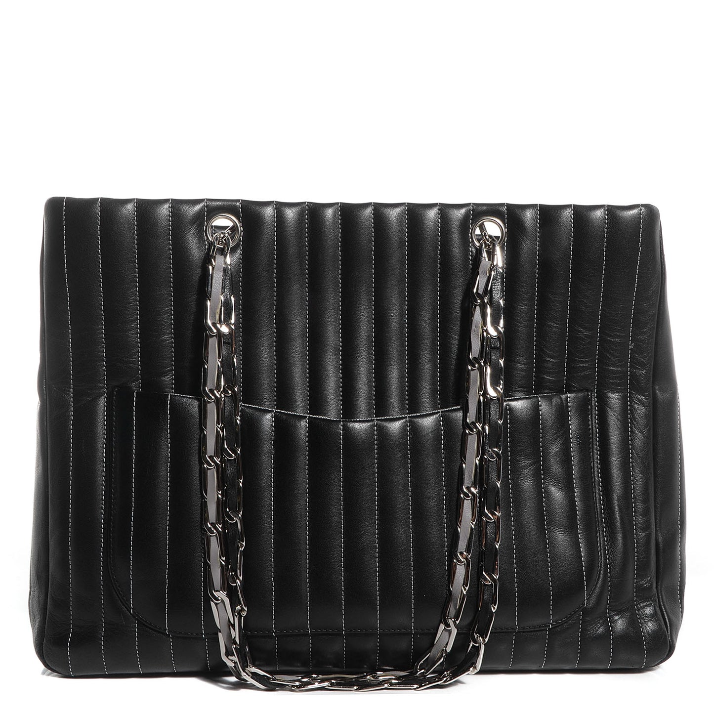 Lambskin Vertical Quilted Large Mademoiselle Tote Black