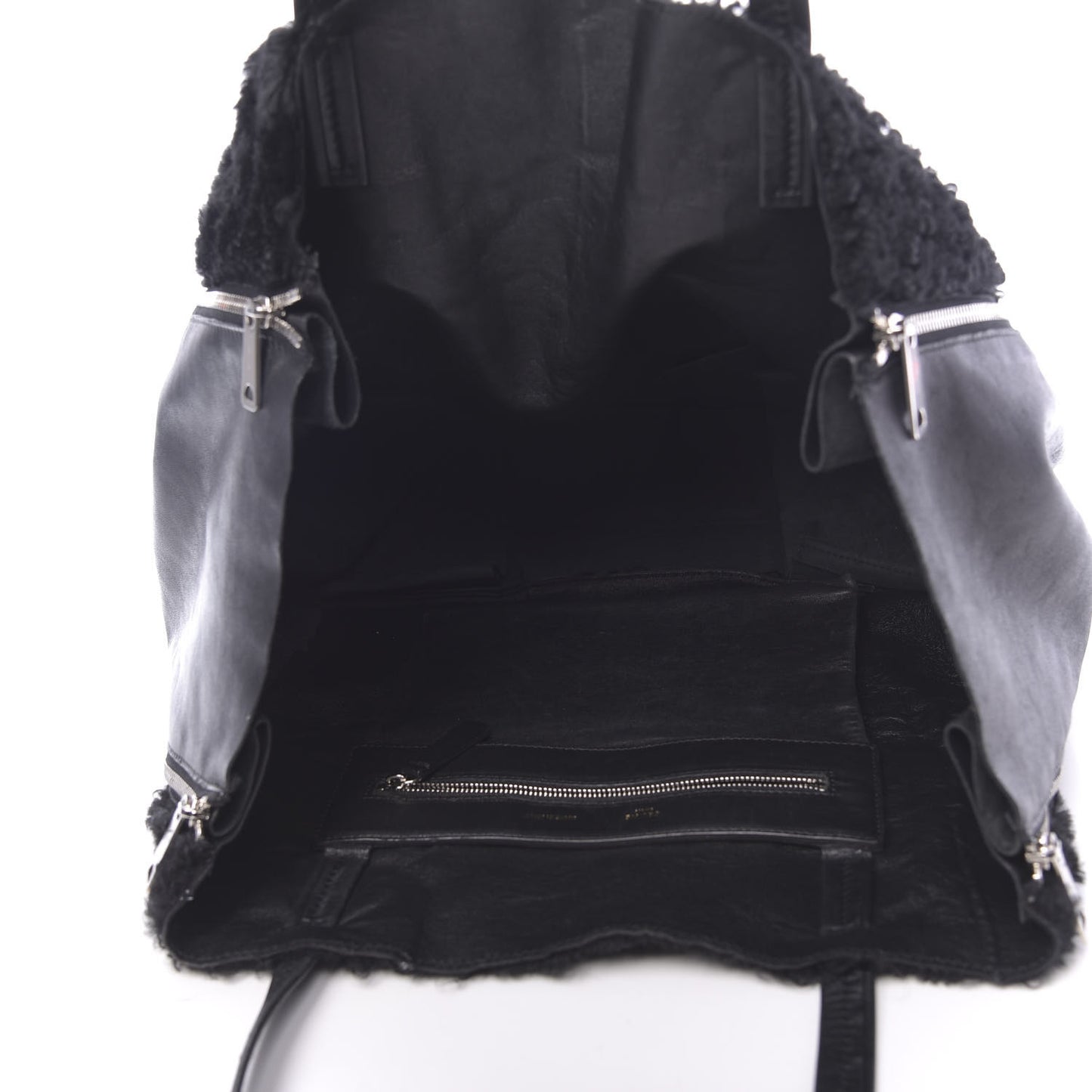 Shiny Smooth Calfskin Shearling Horizontal Cabas Zipper Tote Black