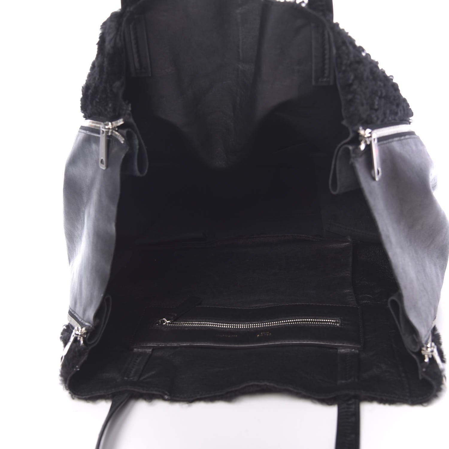 Celine Shiny Smooth Calfskin Shearling Horizontal Cabas Zipper Tote Black 5 of 17