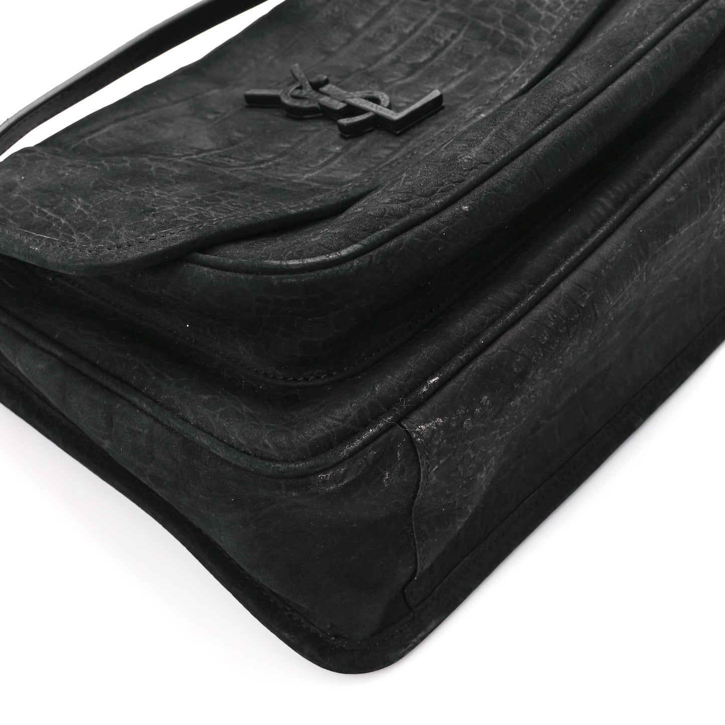Nubuck Crocodile Embossed Monogram Medium Niki Chain Satchel Black