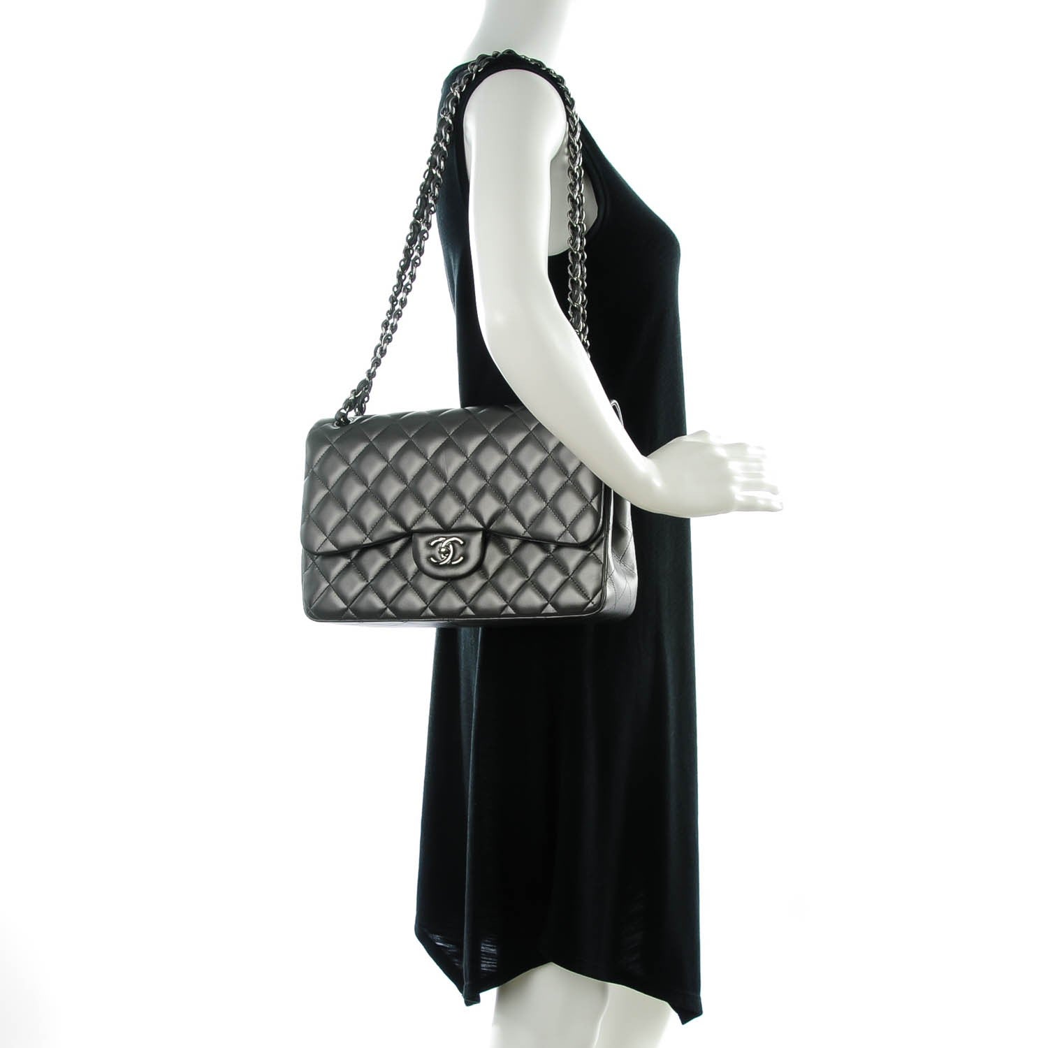 Chanel Lambskin Quilted Jumbo Double Charcoal Grey 2 of 9