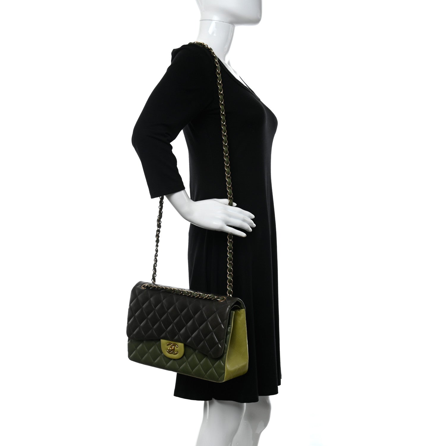 Chanel Lambskin Quilted Tri-Color Jumbo Double Flap Green Brown 2 of 14