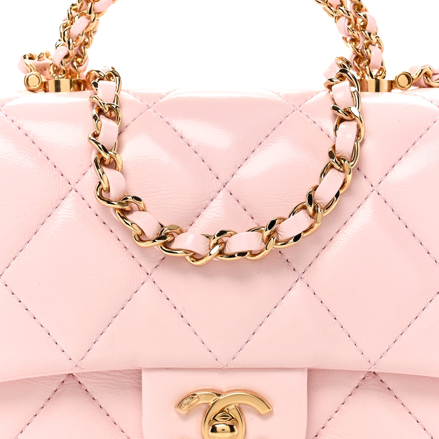 Shiny Lambskin Quilted Mini Twisted Links Top Handle Flap Light Pink
