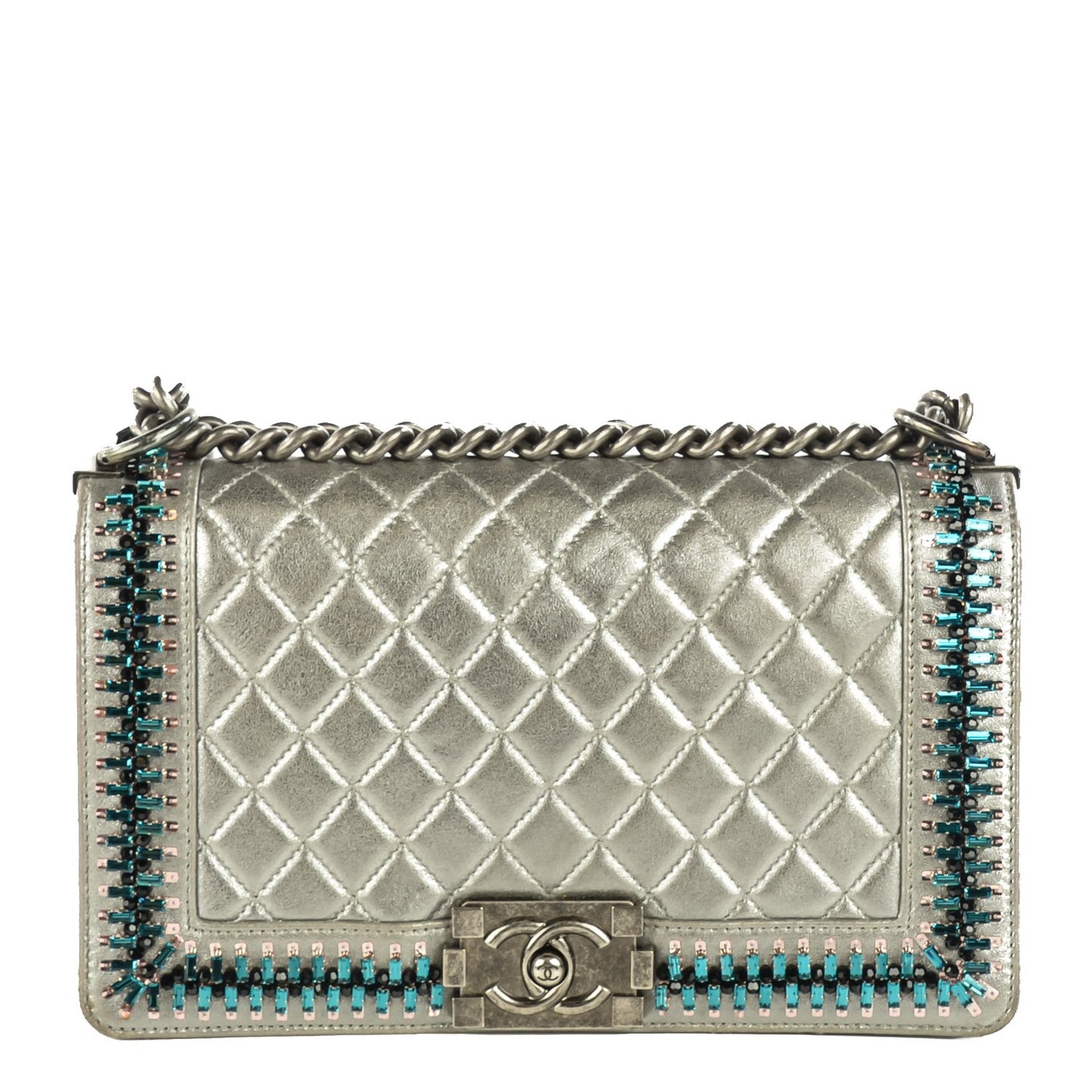 Lambskin Embellished Medium Boy Flap Silver