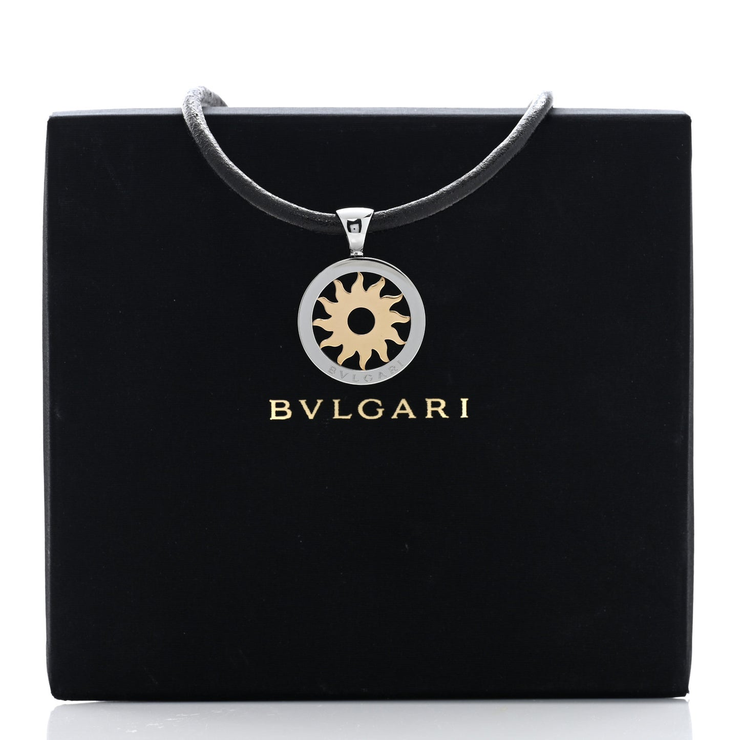 18K Yellow Gold Stainless Steel Calfskin Tondo Sun Pendant Necklace Black