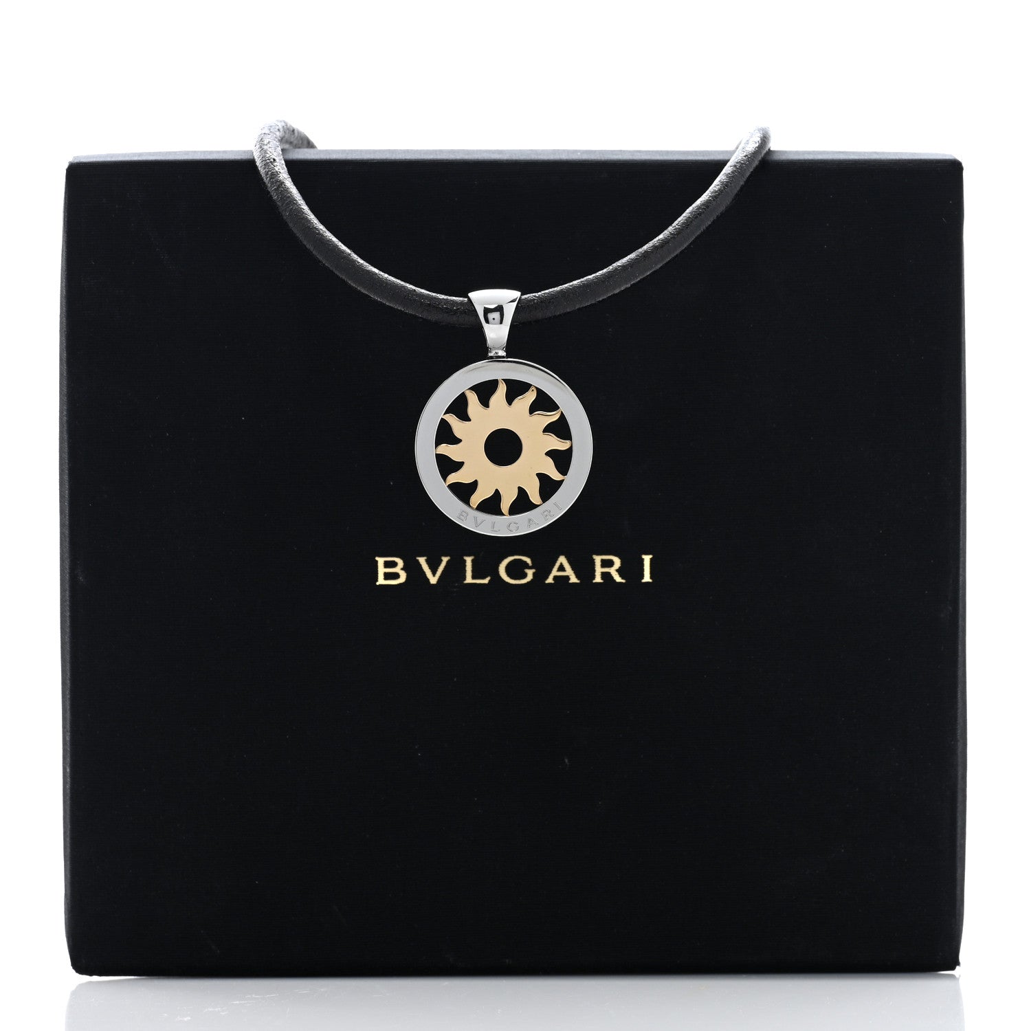 Bulgari 18K Yellow Gold Stainless Steel Calfskin Tondo Sun Pendant Necklace Black 6 of 6
