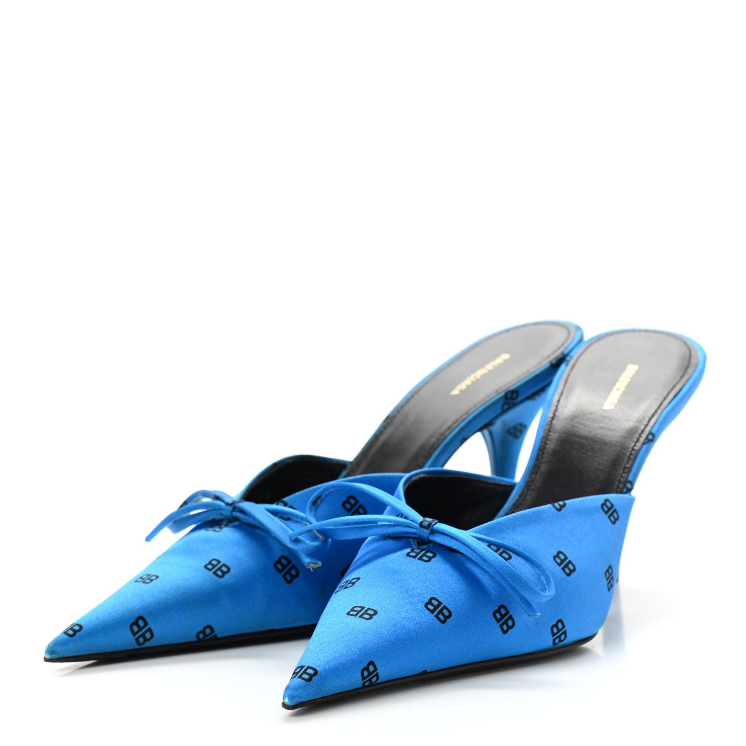 Balenciaga Crepe Satin BB Printed Knife Pointed Toe Mules 36.5 Turquoise Black 3 of 15