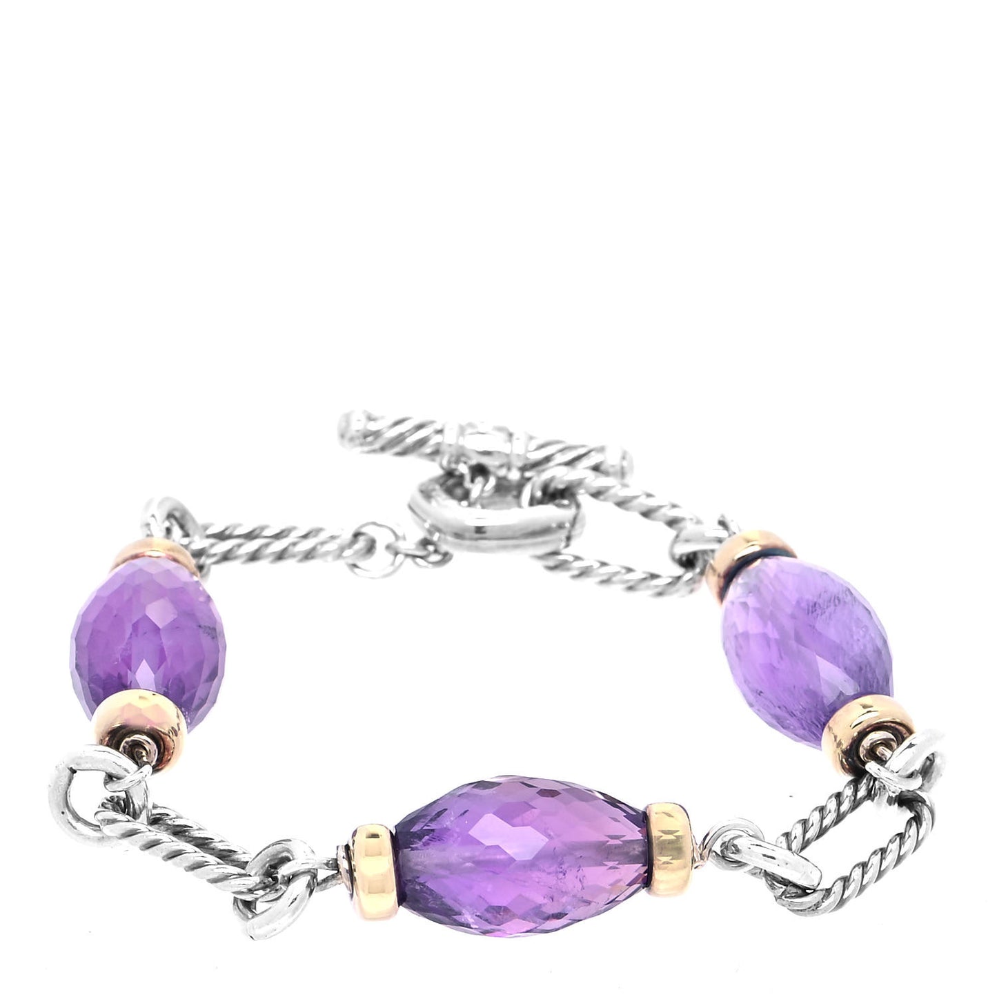 Sterling Silver 18K Yellow Gold Amethyst Figaro Bracelet