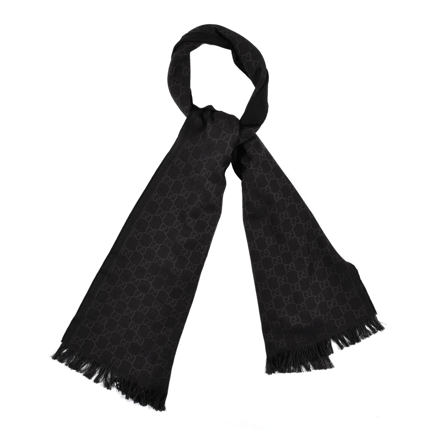 Gucci Wool GG Monogram Arliss Fringe Scarf Anthracite Black 1 of 4
