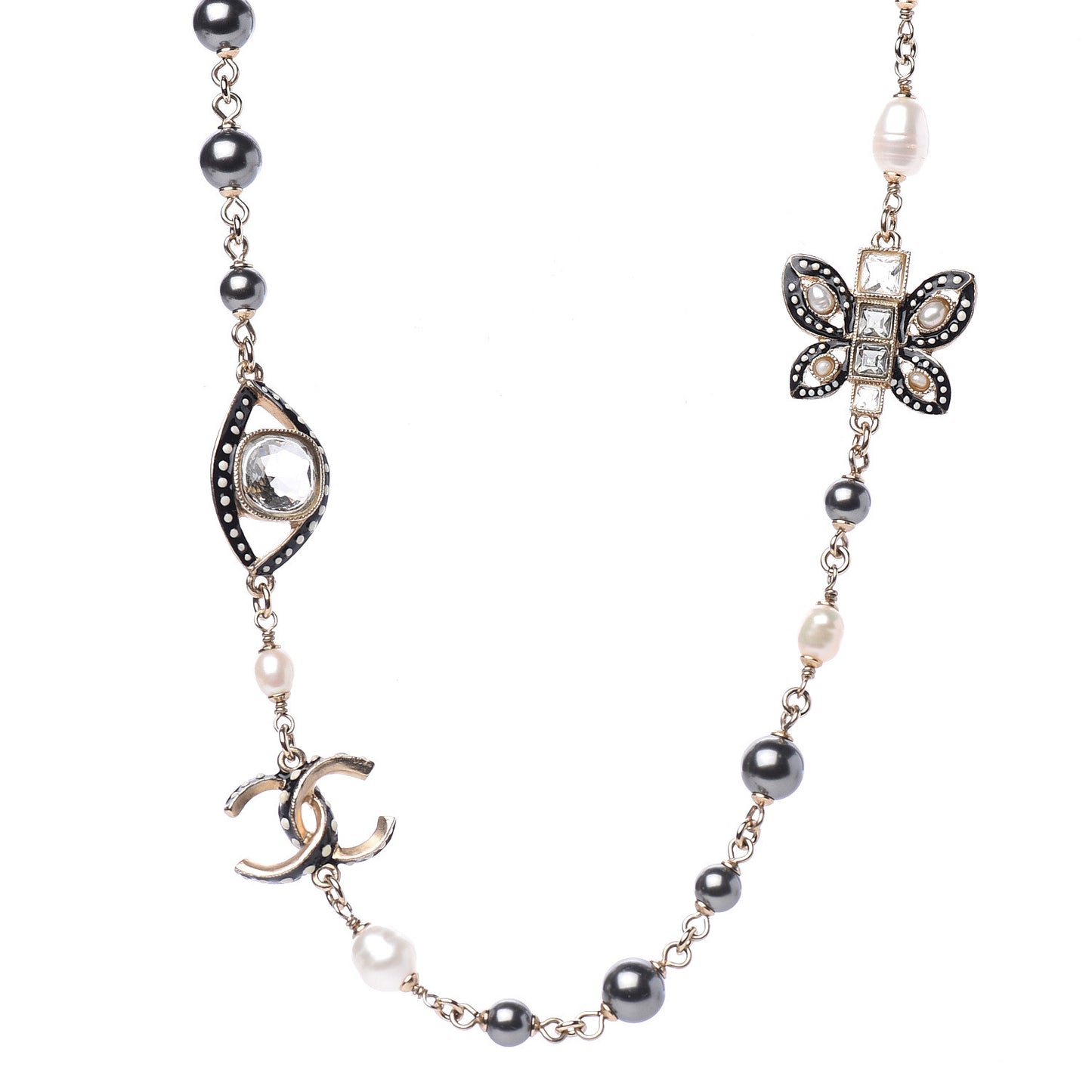 Enamel Crystal Graduated Pearl Butterfly CC Short Necklace Gold Black