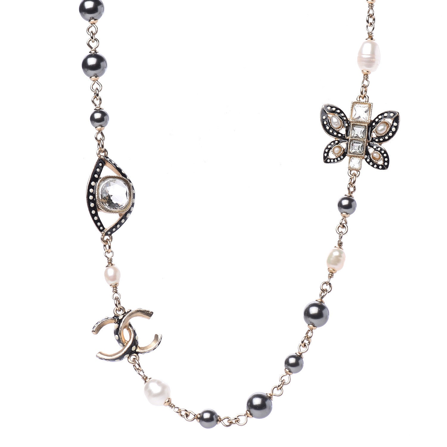 Chanel Enamel Crystal Graduated Pearl Butterfly CC Short Necklace Gold Black 1 of 4